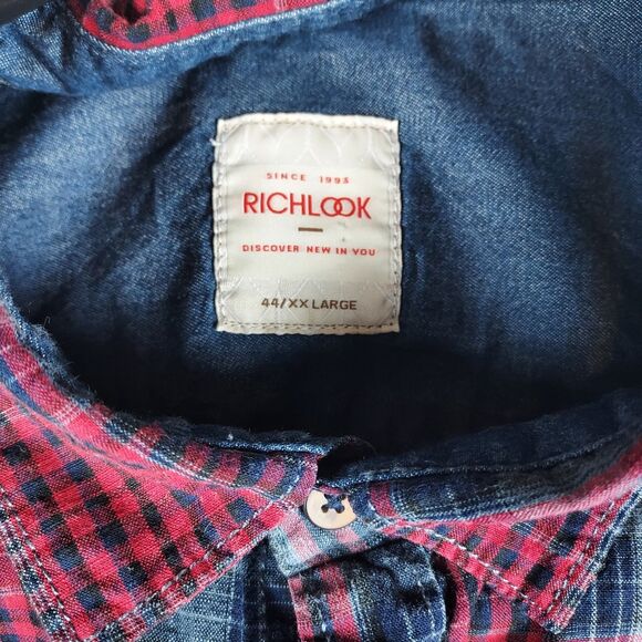 Richlook XXL 44 Plaid Casual Shirt Red Grey Blue Button Front Long Sleeve - Picture 2 of 9